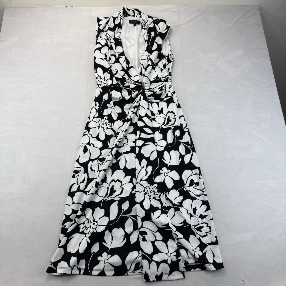 Donna Karan NY Wrap Dress Womens 6 Black White Floral Sleeveless Back Zipper